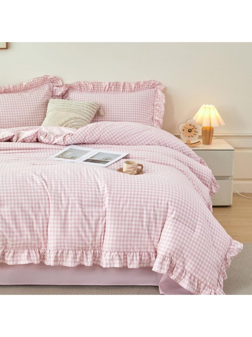 Pink Gingham King Bedding Set - 5 Piece Ruffled Comforter & Pillow Shams